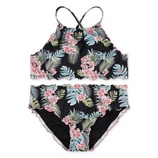 Hurley Kid's Girls Size 10 Two-Piece Halter Bikini Black Swim Suit Floral