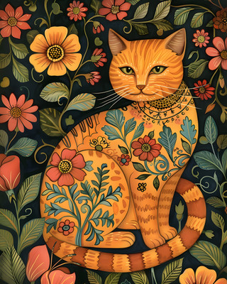 8x10 Cozy Storybook Cat Sitting in Field of Flowers Art Print - 549617772