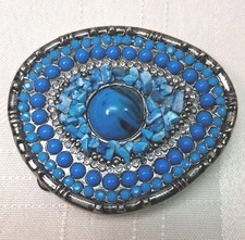 Men's or Women's Belt Buckle Blue Beads and Apatite Chips On Silver Metal Buckle