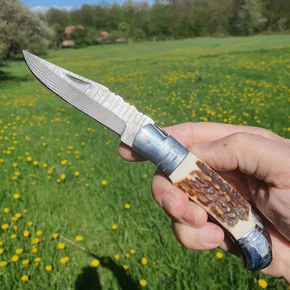 Damastmesser Jagdmesser Laguiole Hirschhorngriff Klappmesser  21 cm rostfrei T10 - Bild 2 von 4