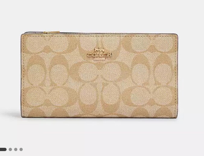 Coach New C8714 Light Khaki Signature Chalk Leather Slim Zip