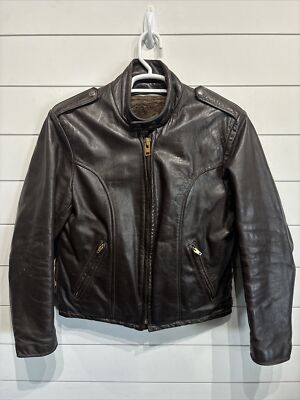 Vtg Cafe Racer Leather Motorcycle Jacket  Brown YKK Zippers Mens Medium 50s 60s