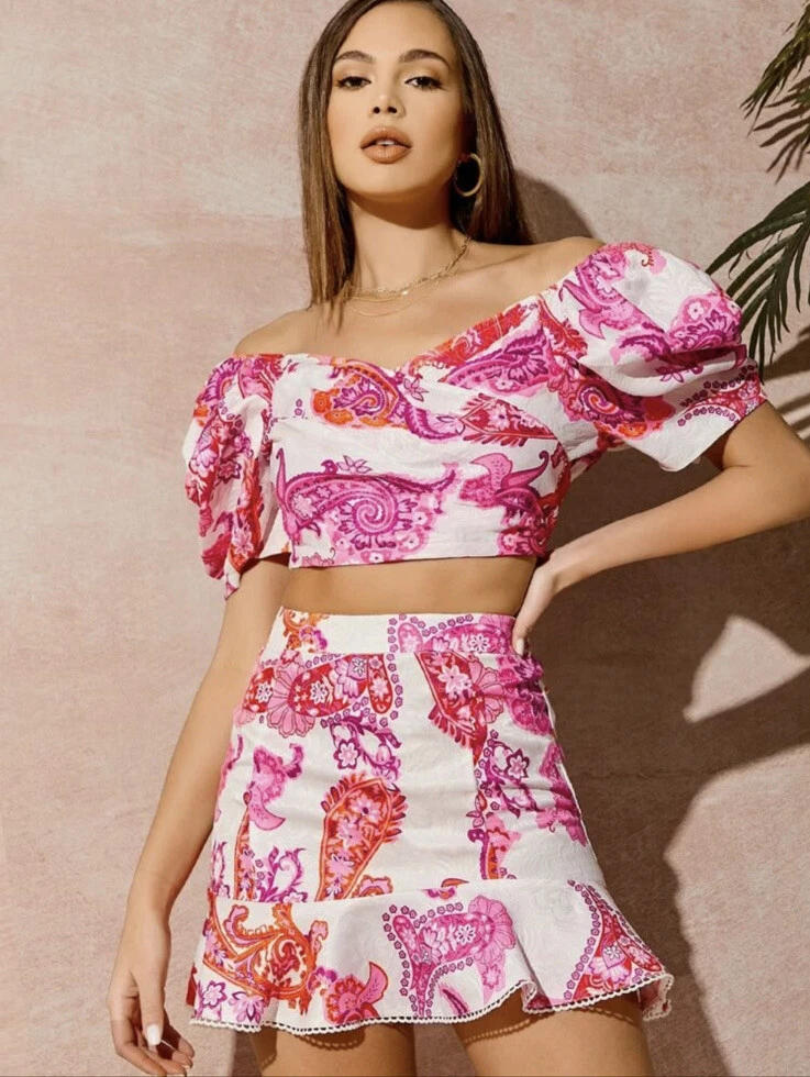 Shein off shoulder jacquard top and ruffle hem Mini skirt set eBay