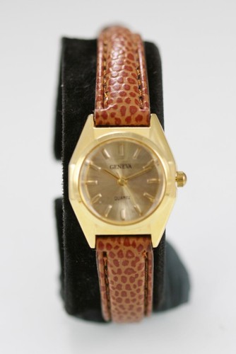 Geneva Uhr Damen Gold Edelstahl Leder Brown Wasser Res Batterie Quarz - Bild 1 von 6