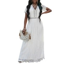 Women's White Short Sleeve Crochet Bridal Lace V Neck Bride Maxi Dress Size M
