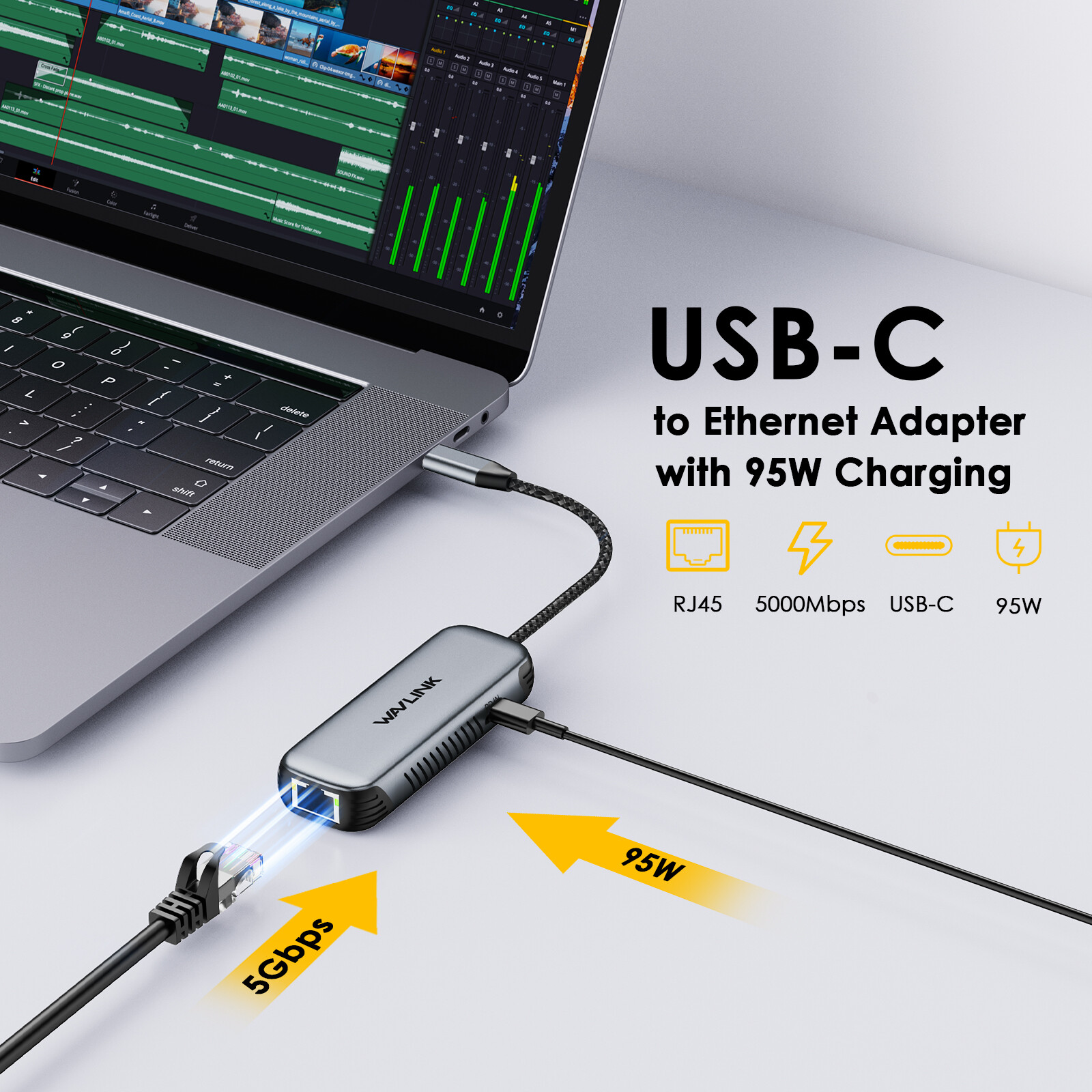 Wavlink USB-C to 5G Ethernet Adapter with 95W Charging, Driver-Free for Mac/Win