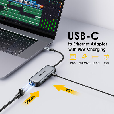 Wavlink USB-C to 5G Ethernet Adapter with 95W Charging, Driver-Free for Mac/Win