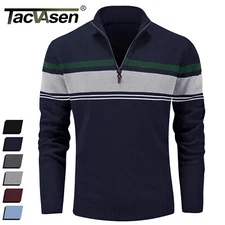 Men's 1/4 Zip Polo Sweater Winter Fall Casual Stripe Pullover Long Sleeve Shirts