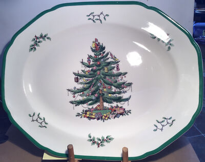 Spode Christmas Tree x Oval Serving Platter Green Trim Used 