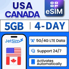 USA&Canada eSIM 5GB High-Speed, 4 Day T-Mobile, & Verizon JetSim/Travel SIM