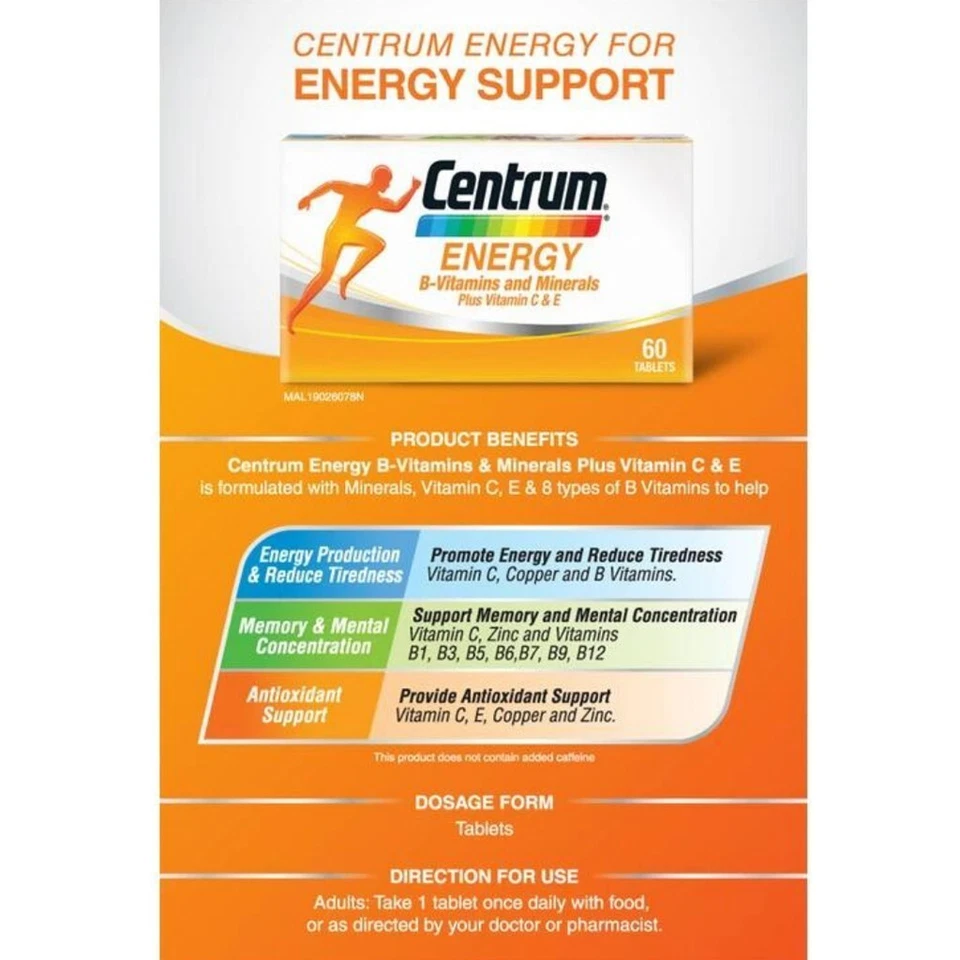 2 BOX x60's New Centrum Energy B-Vitamins and Minerals + Vitamin C & E FREE SHIP - Image 2 of 3