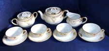 Antique Noritake Porcelain Teapot/Tea Set/Tea Cups Green M Wreath Hand painted