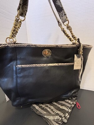 Rhythm & Rhyme Leather Shoulder Bag BLACK Python Snake Emb Trim 1043BK $198 NEW