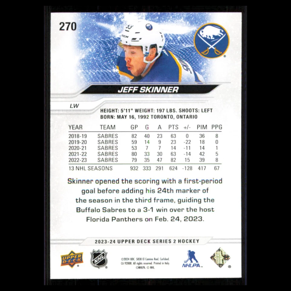 Jeff Skinner #270 2023 Upper Deck Buffalo Sabres Hockey Card NHL NM - Image 2 of 3