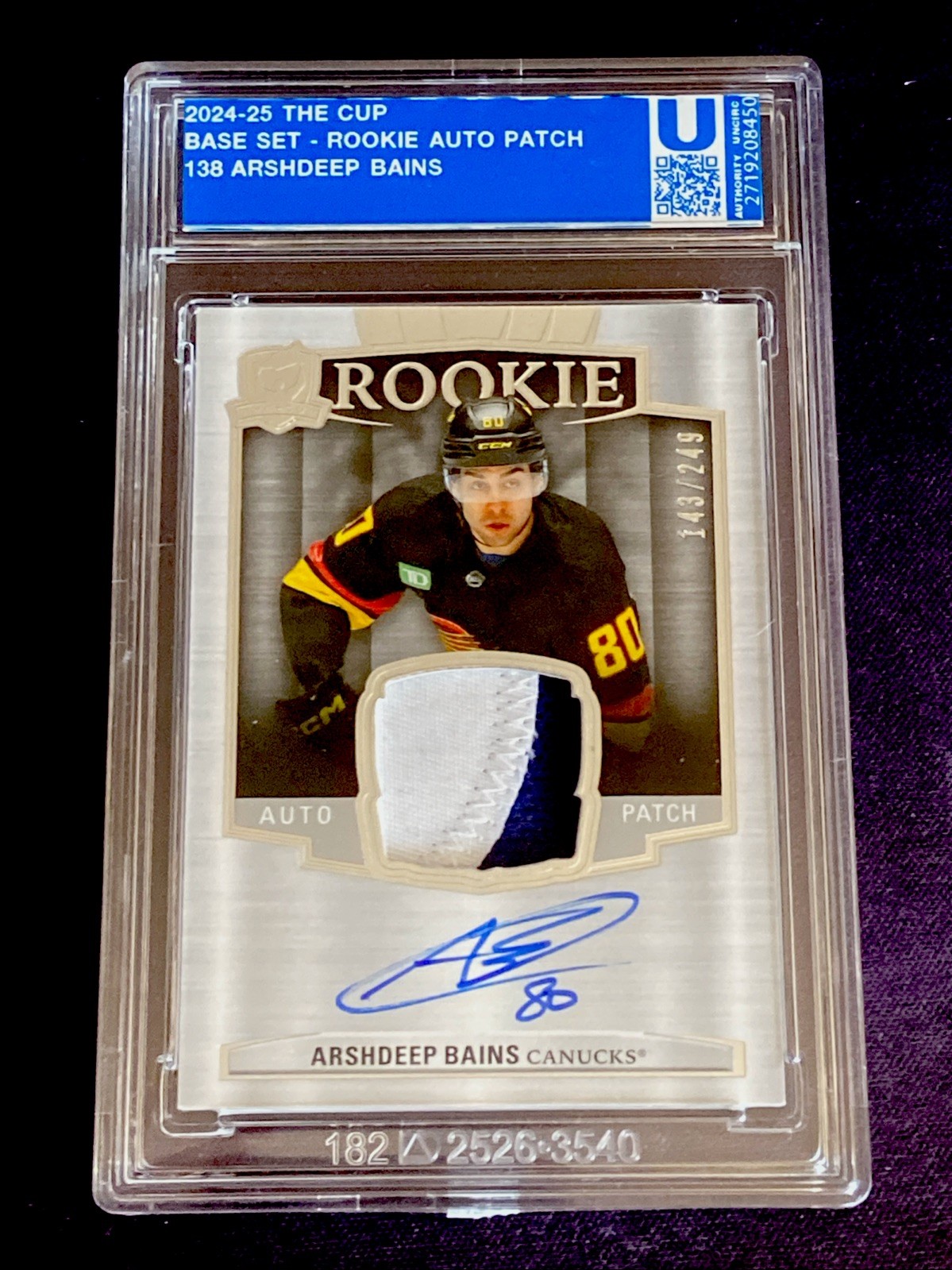 2024-25 UD The Cup #138 ARSHDEEP BAINS RC AUTO PATCH #d 143/249 Canucks Rookie