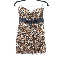 Rue21 Leopard Print Strapless Mini Dress Tiered Ruffle Belted Brown Tan Medium