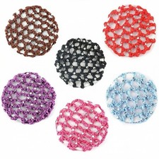 6PCS Crochet Bun Cover Snood Hair Net Rhinestone Decor Colorful Knit Mesh Fab...