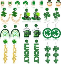 JOICEE 13-Pair St. Patrick's Day Earrings Shamrock Horseshoe Hat Acrylic Set