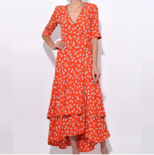 Ganni Wrap Dress Red Orange Floral Ditsy print sz 34 xs Ruffle Hem Short Sleeve
