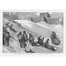DOVER Kent Tobogganing on the Slopes of Castle Hill - Antique Print 1888