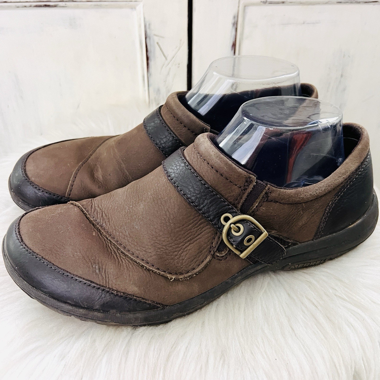 Scarpe Merrell Dassie Char in pelle marrone fibbia laterale slip on performance 9 5