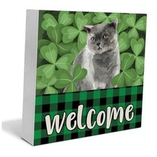 St. Patricks Day Decor Rustic Welcome Sign Cat Shamrock Wooden Sign St
