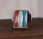 Vintage Navajo Sterling Silver Ring Turquoise Coral & Mother Of Pearl Inlay