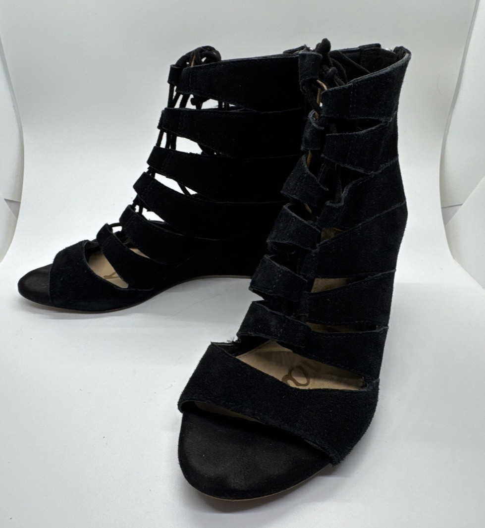 Sam Edelman Santina Wedge Sandals Black Suede Gladiator Lace Up Back Zip Women 7