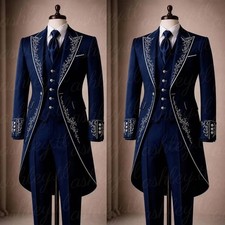 Men's Suits Navy Blue Embroidered Tailcoat Wedding Groom Tuxedo Party Prom 3 Pcs