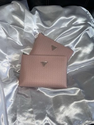 GUESS Blush Pink Logo Zip Pouch Set of 2 Women's Designer Silver Hardware
