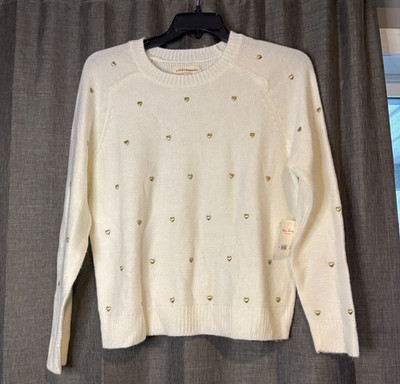 Lucky Brand White Studded Heart Knit Pullover Sweater Women's M NWT