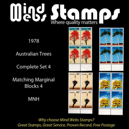 Australian Stamps, 1978 Australian Trees, Complete Set 4, Marginal Blocks 4, MNH - Picture 1 of 2