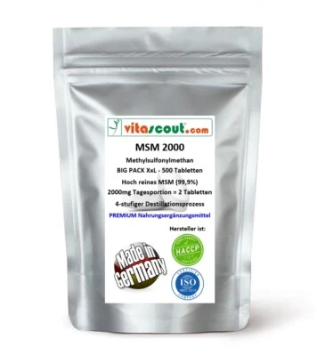 VITASCOUT MSM 1000mg - 500 Tabletten VEGAN, 99,9% Reinheit - MADE IN GERMANY - No Kapseln