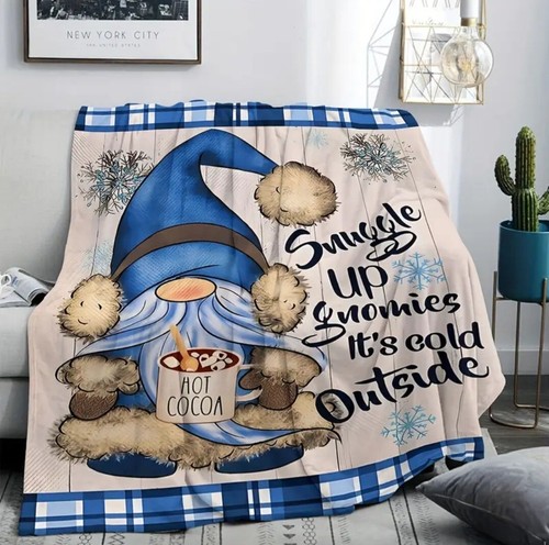 Gnome Gnomies Winter Snowflakes Soft Plush Throw Lap Pet Blanket Warm Couch - Picture 6 of 6