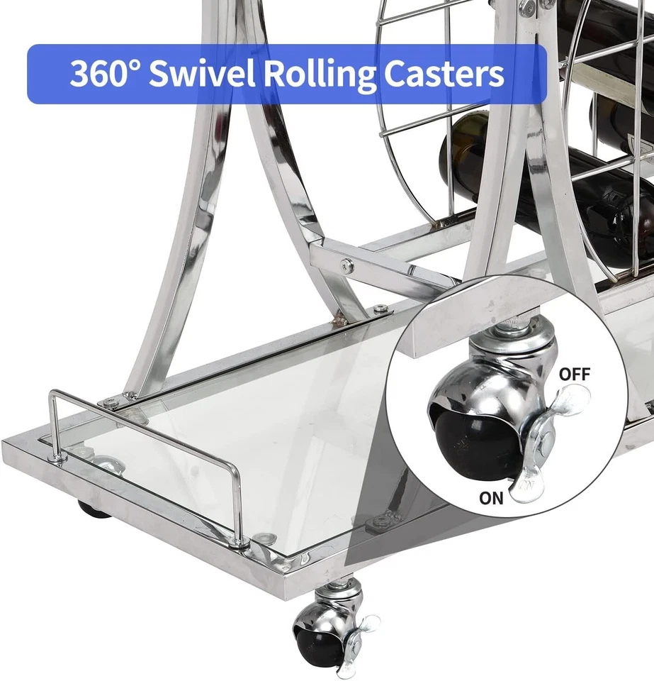 Carro para servir bar con soporte para vidrio y estante para vino, carrito de cocina de 3 niveles Foto 3 de 4