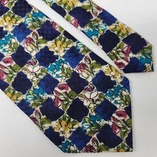 UNGARO PARIS SILK TIE FLORAL BLUE CHECKER PATTERN 3.75"