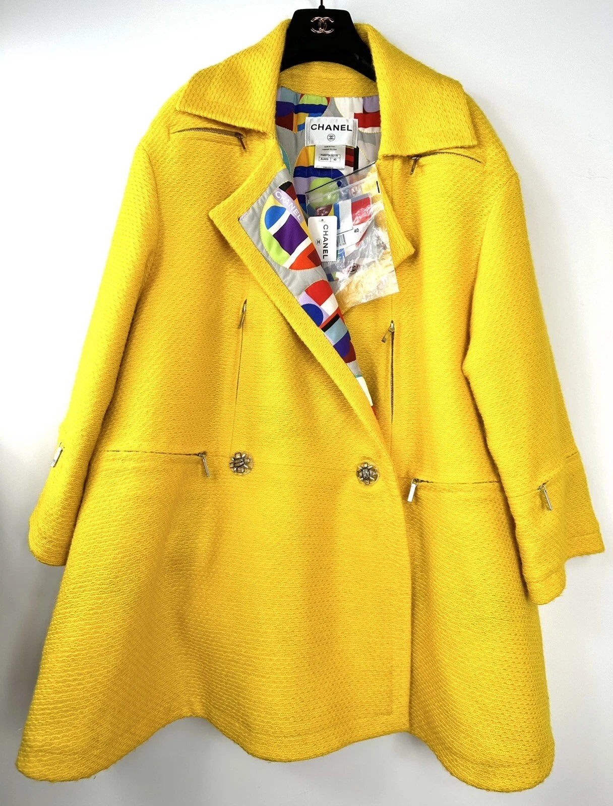 Cappotto 7K Chanel 2014 giallo tweed rovescio 42 44 46 8 10 12 14 giacca logo M L XL