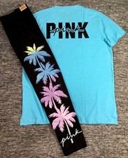 Victoria's Secret Pink Campus SS Tee Shirt  Leggings Set Blue Black L XL NWT