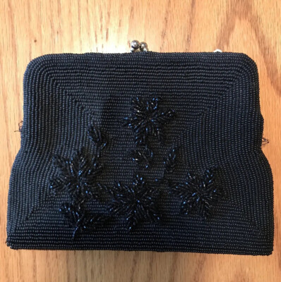 Vintage Beaded Purse Black With Black Flower Raised Pattern Detail On Front