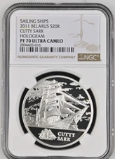 20 ROUBLES 2011 BELARUS CUTTY SARK HOLOGRAM SILVER PROOF NGC PF70