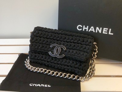 CHANEL CC LEATHER LOGO FANCY CROCHET KNIT WOVEN LEATHER BLACK FLAP BAG SILVER HW