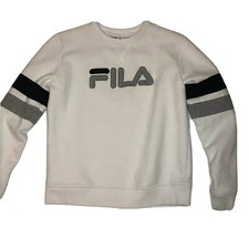 Fila Womens Sweatshirt Small Pullover White Spell Out Stripes Activewear