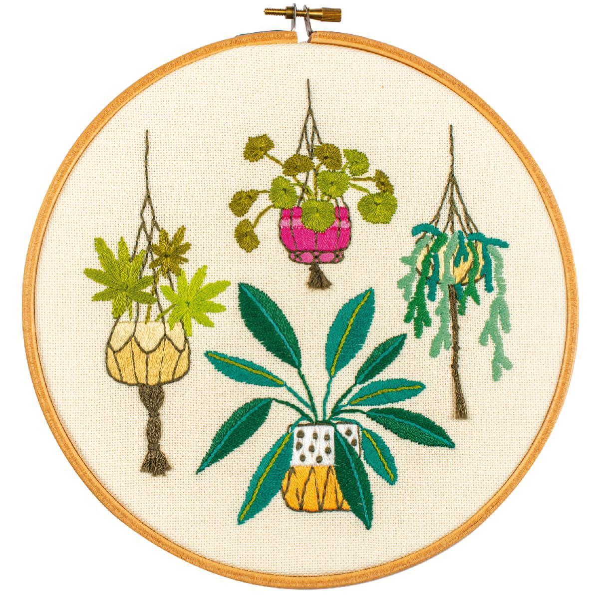 Vervaco stamped satin stitch kit with embroidery ring ""Houseplants"", Diam 20cm,