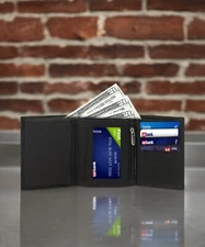 LEATHERBOSS GENUINE LEATHER WALLET TRIFOLD PULL OUT FLAP ZIPPER ID POCKET BLACK 