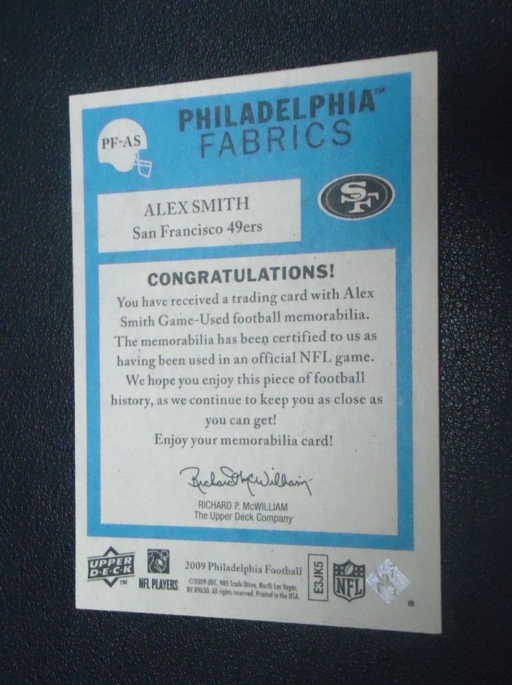 Alex Smith 2009 UPPER DECK PHILADELPHIA FABRICS Card #PFAS 49ERS - Image 2 of 2