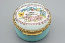 Halcyon Days Enamels Trinket Box Happy Anniversary Blue Flowers Lidded Box
