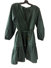 Madewell Crinkle Poplin Wrap Mini Dress Womens XS Dark Palm Tiered Puff Sleeve