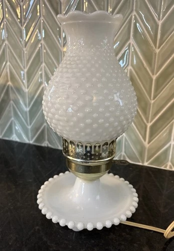 Vintage Hobnail White Milk Glass Hurricane Lamp 11" key switch works well