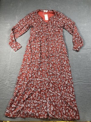 Boden Dress Womens 6 Red Paisley V Neck Long Sleeve Button Maxi Woven NWT