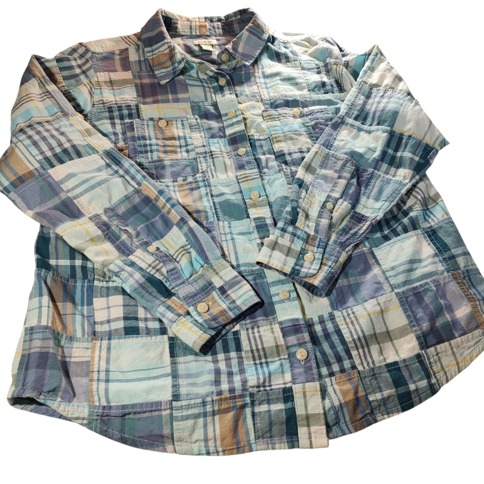LL Bean Patchwork Madras Plaid Button Up Top Long… - image 5